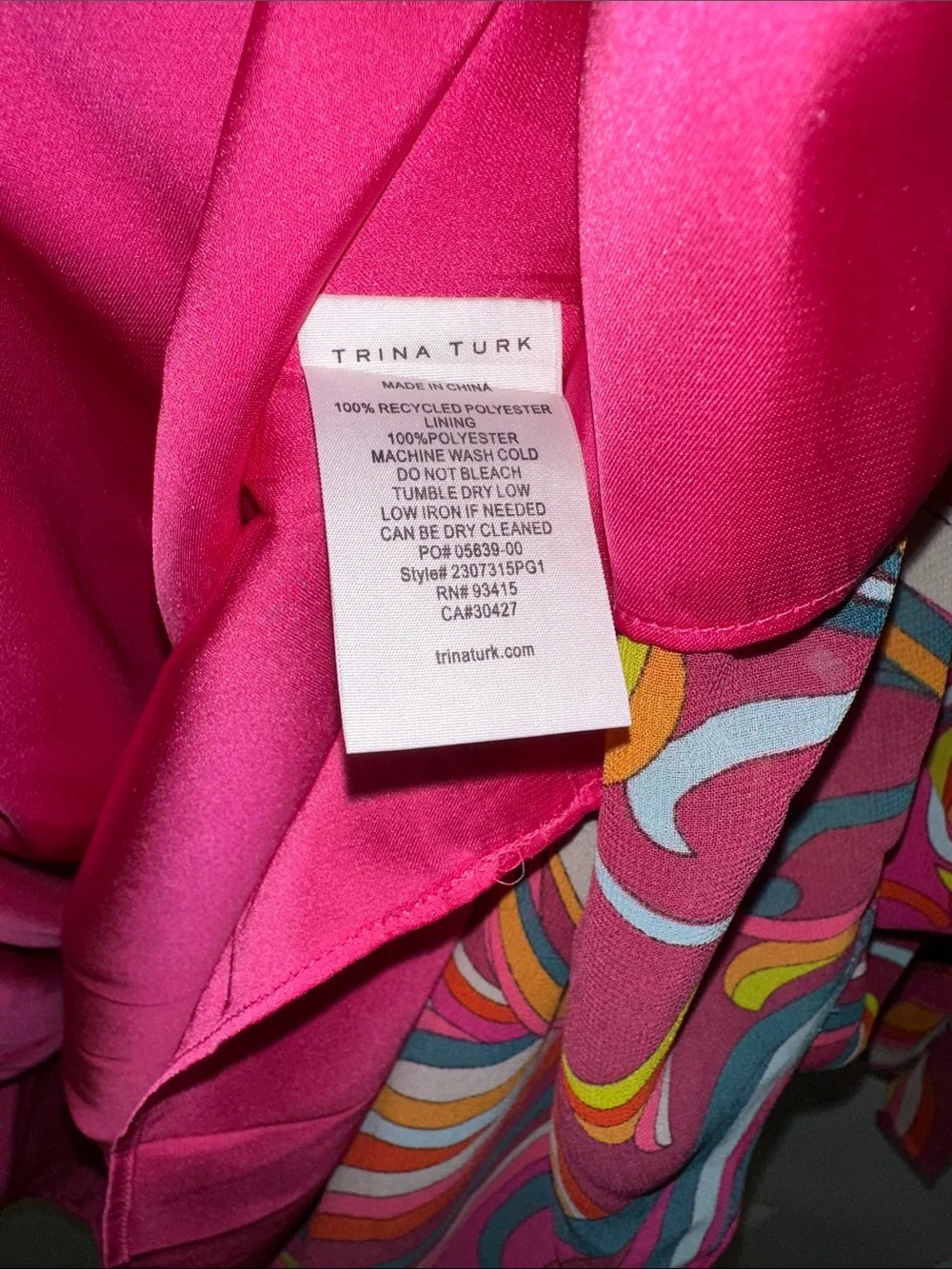 Trina Turk “Viti” red pink abstract 60s inspired print flounce dress L